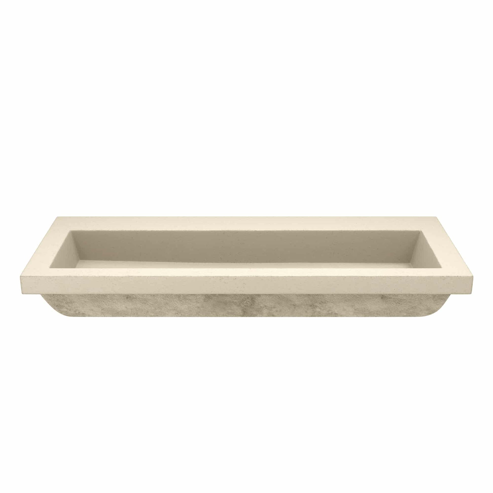Sand-colored rectangular concrete trough sink with sloped sides and no faucet holes.