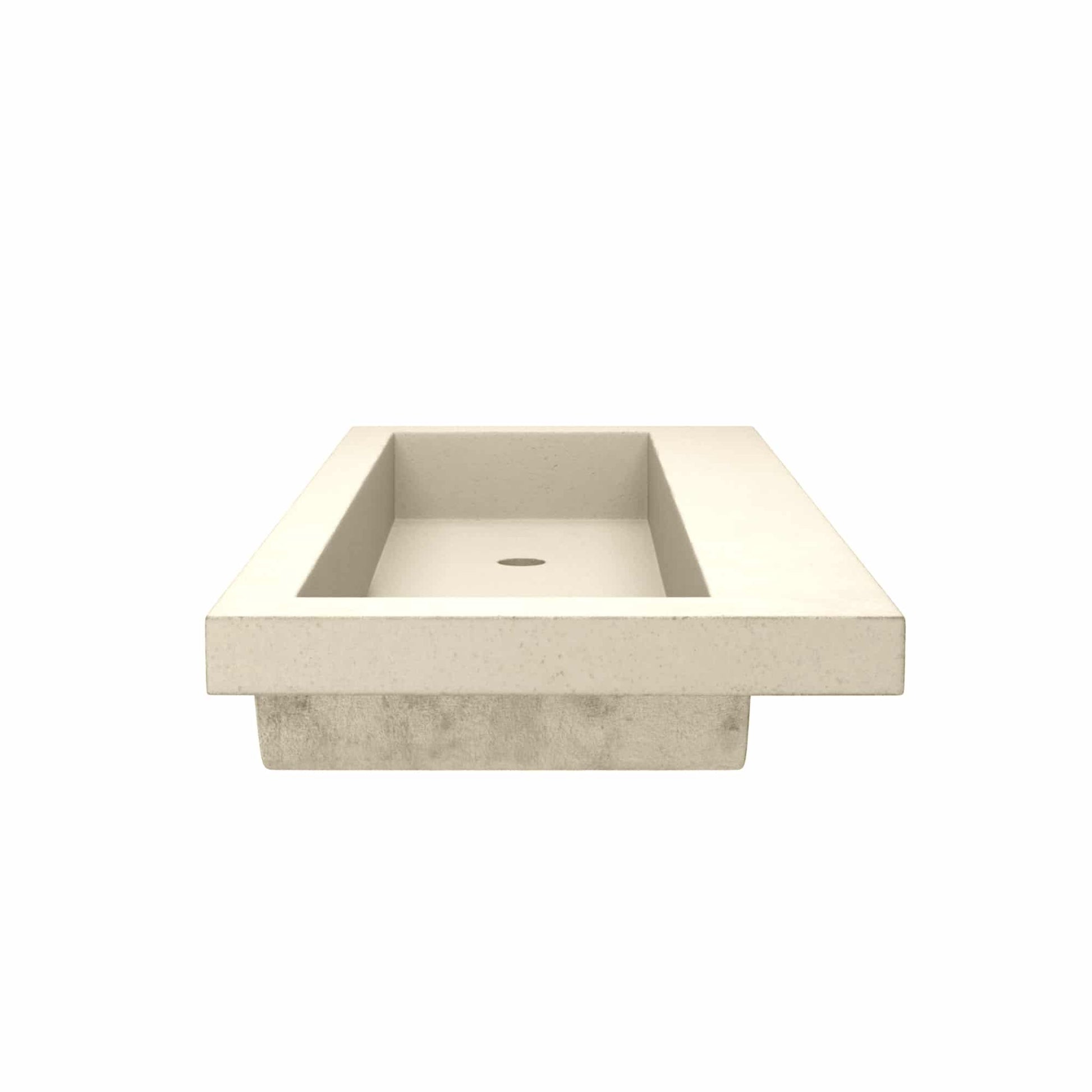 Sand-colored rectangular trough sink with integral drain hole and no faucet holes.