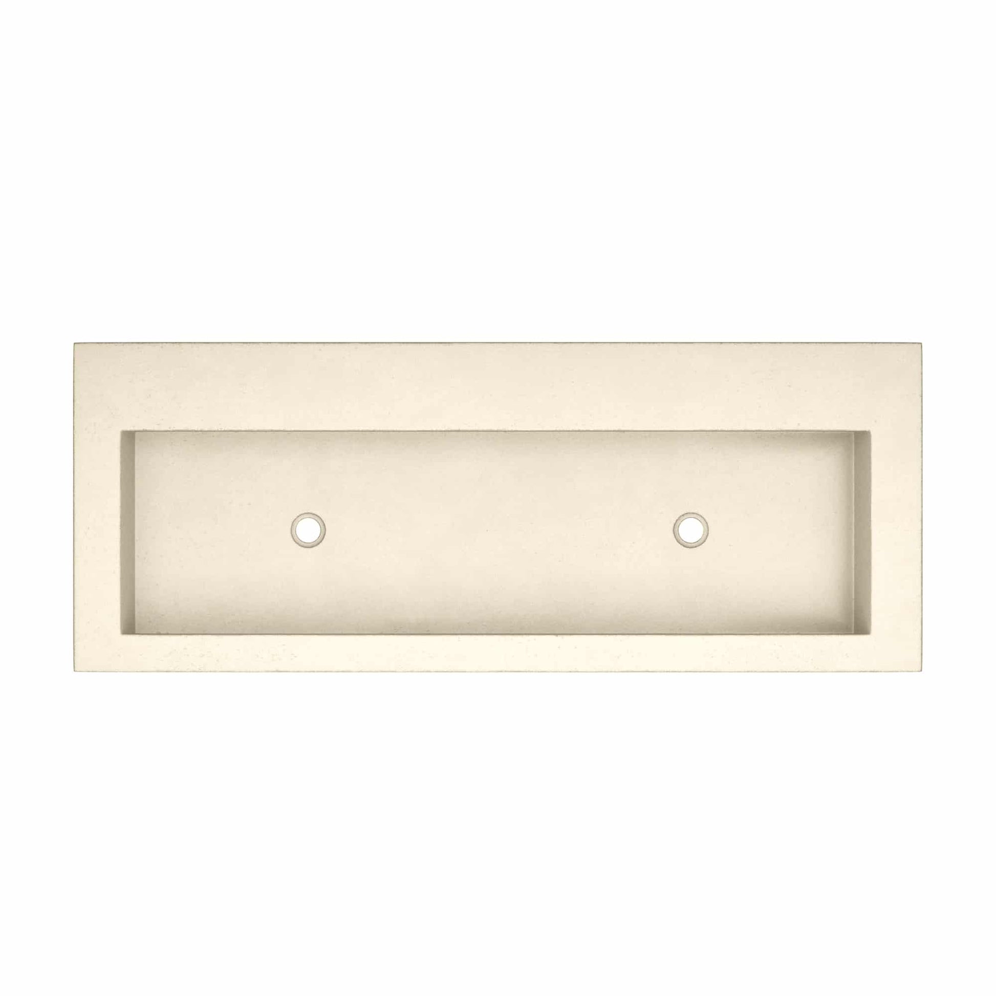 Sand-colored rectangular trough sink with two small circular openings, viewed from above.