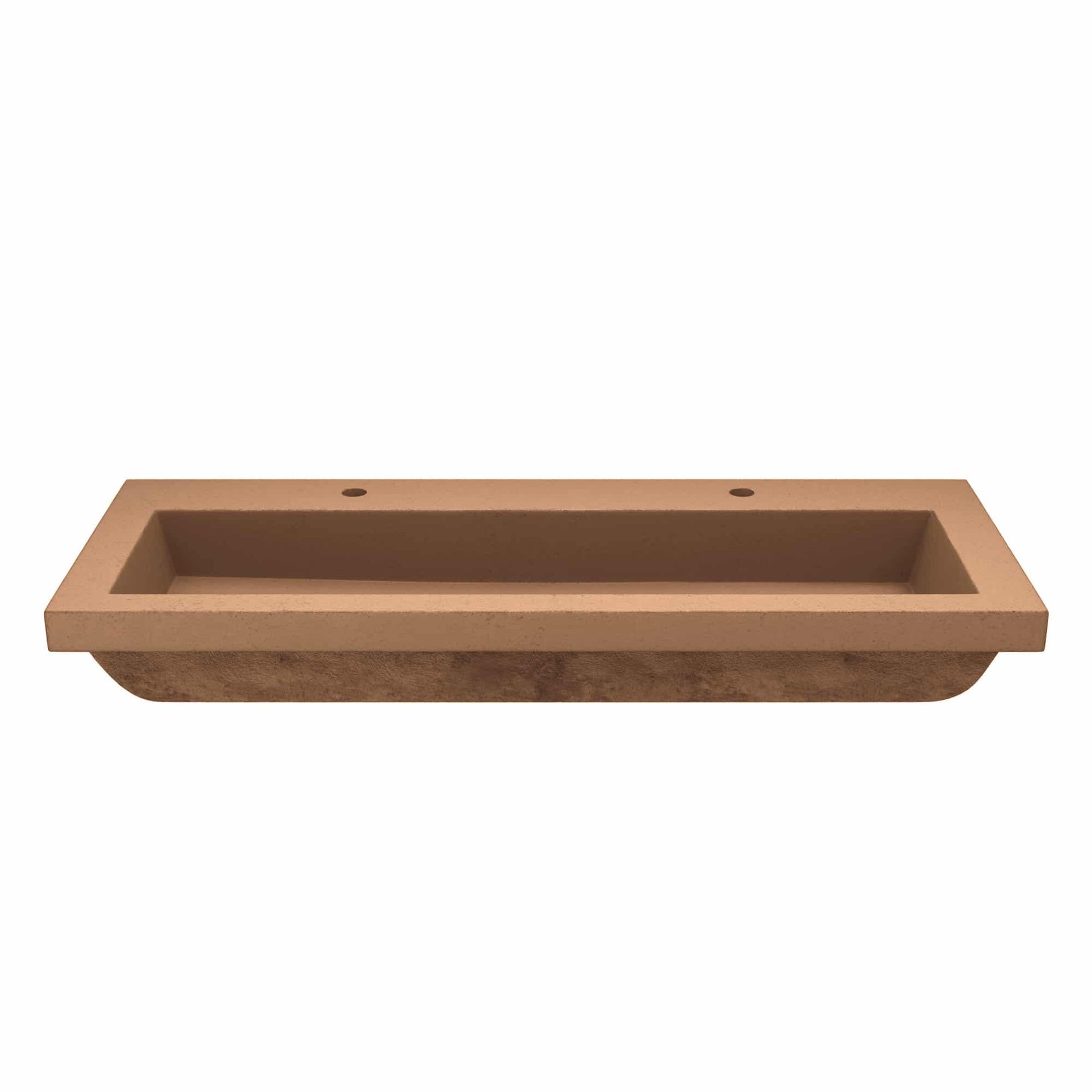 Terracotta rectangular trough sink with two faucet holes and sloped interior basin.