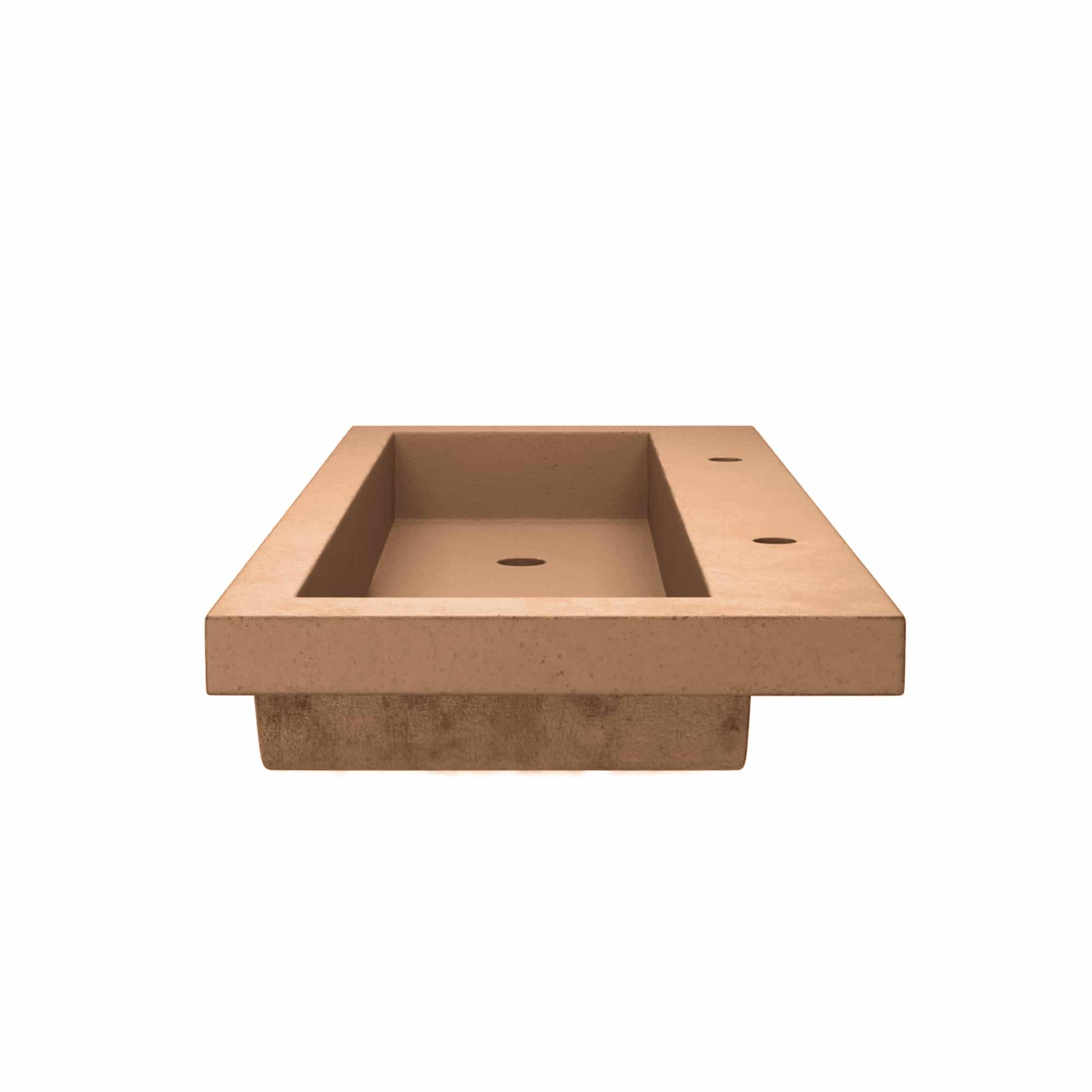 Terracotta-colored rectangular trough sink with wide basin and faucet holes on the surround.