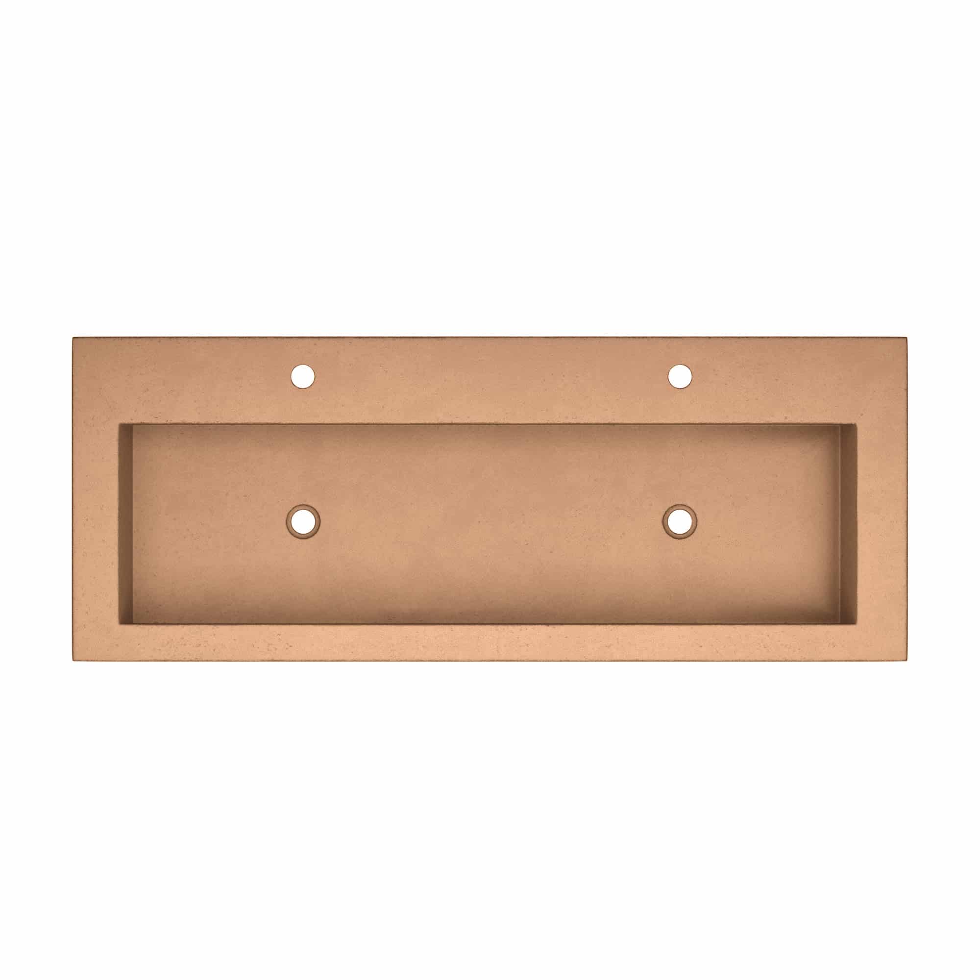 Terracotta rectangular trough sink with cylindrical basin and four mounting holes.