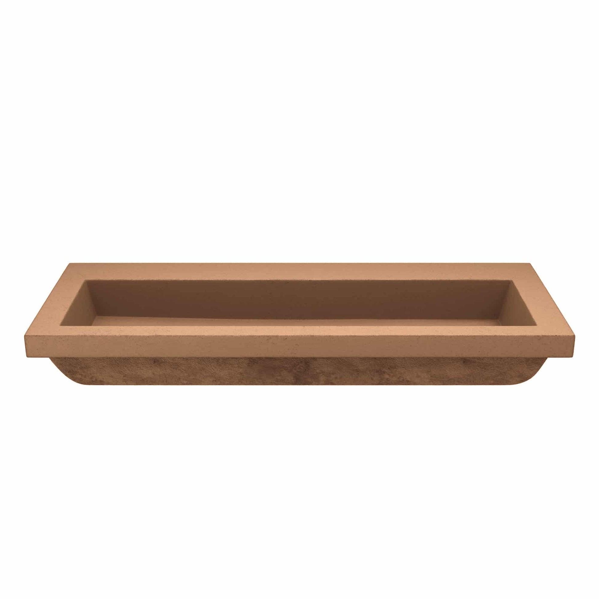 Terracotta trough sink with rectangular basin and sloped sides, no faucet holes.