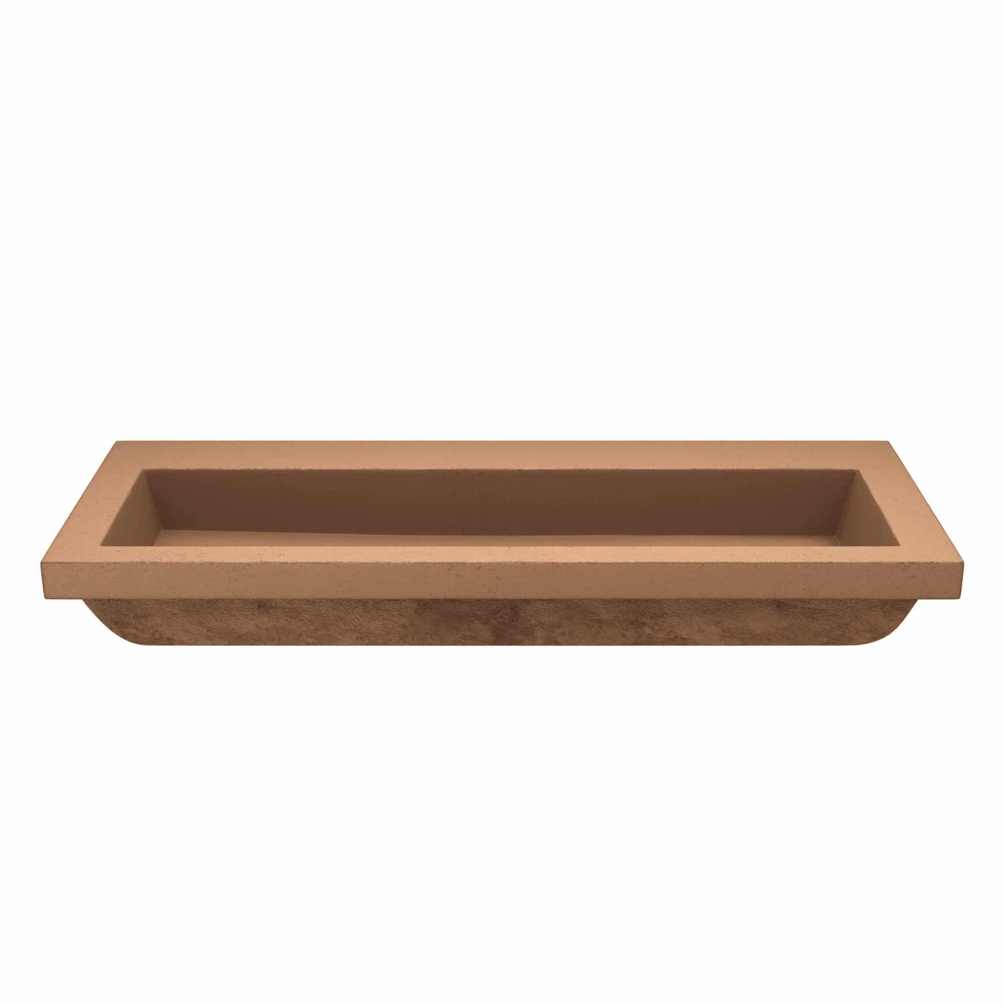 Terracotta trough sink with rectangular basin and sloped sides, no faucet holes.