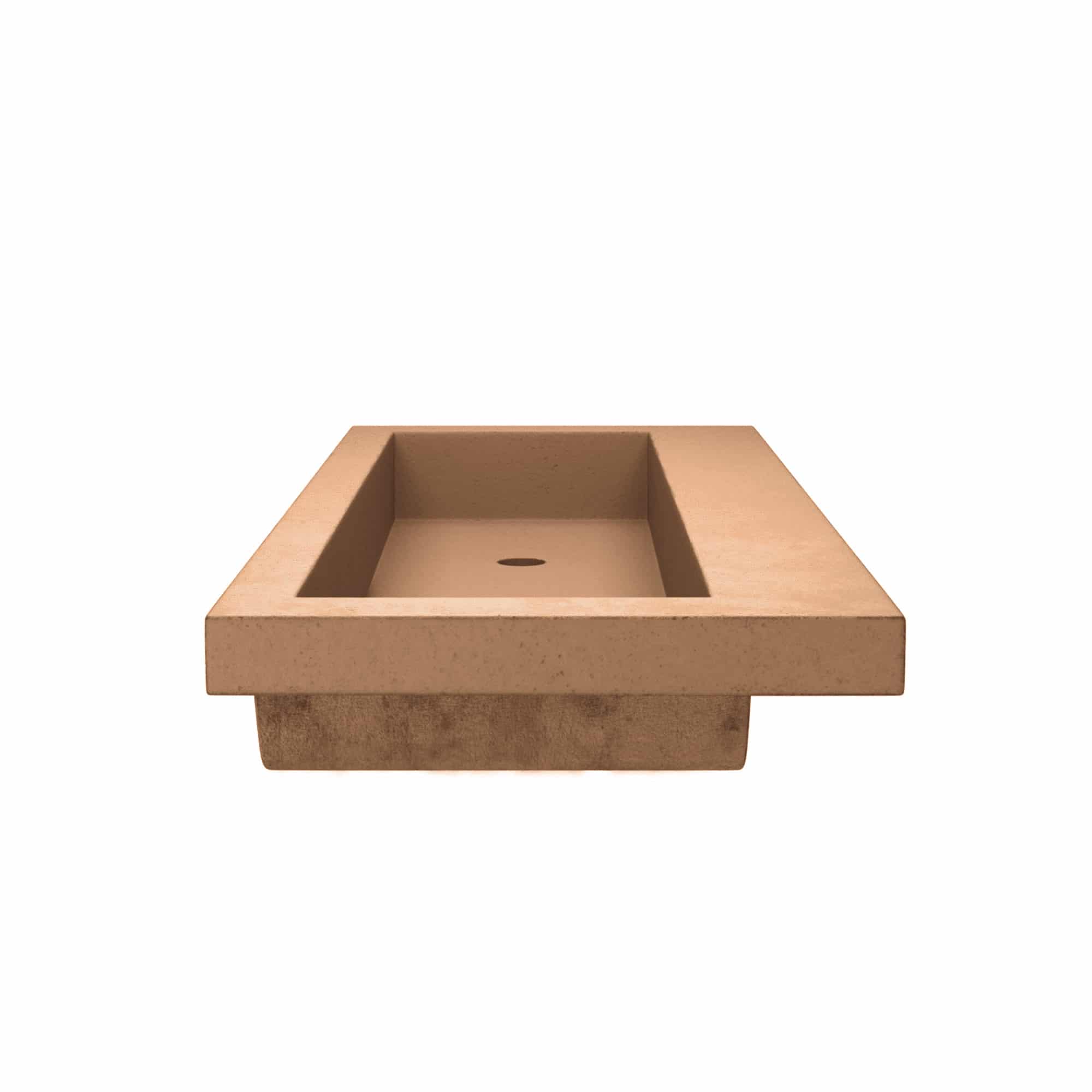 Terracotta rectangular trough sink with sloped sides and single drain hole, no faucet holes.