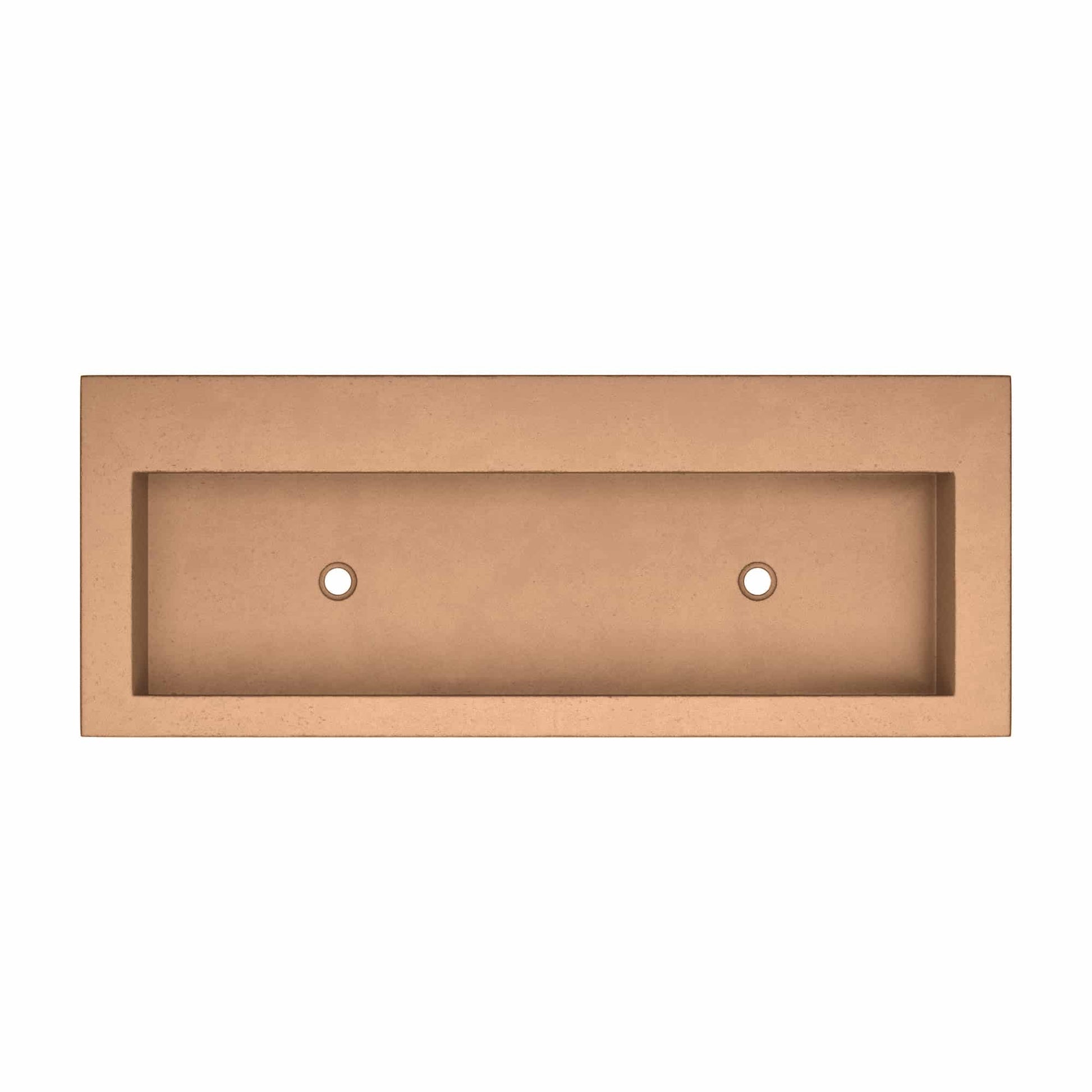 Terracotta rectangular trough sink with two small drainage holes and smooth interior basin.