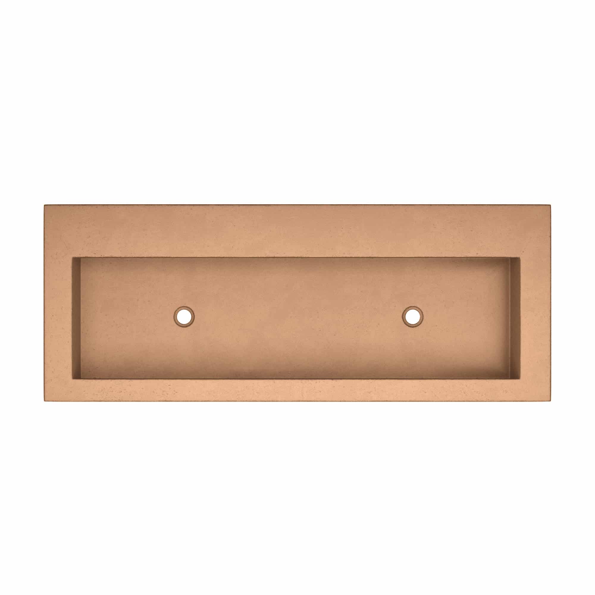 Terracotta rectangular trough sink with two small drainage holes and smooth interior basin.