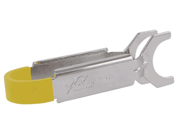 Sharkbite disconnect tongs with metal body, yellow grip sleeve, and curved jaw for 1 inch connections.