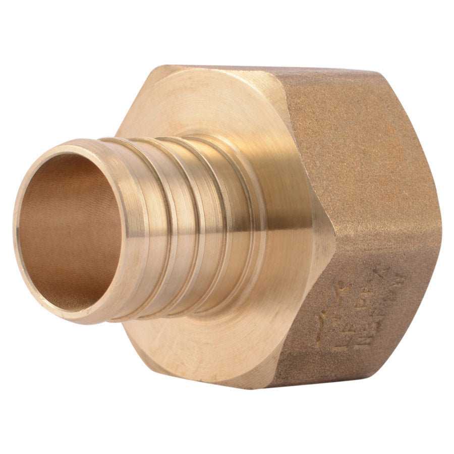 Brass female connector with crimp ring on one end and hexagonal nut fitting on the other.