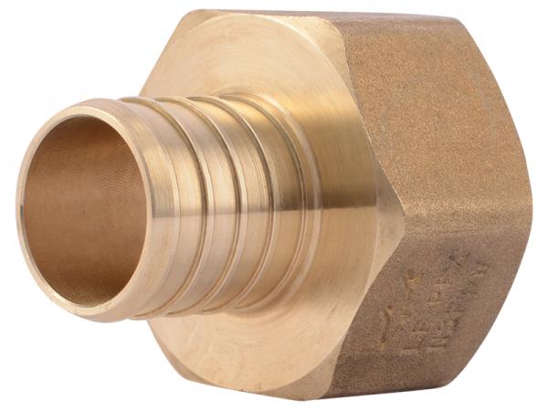 Brass female connector with crimp end on left and threaded female port on right.