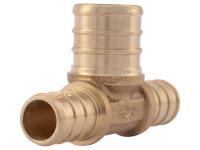Brass PEX crimp tee fitting with three connection ports in 1/2, 1/2, and 3/4 inch sizes.