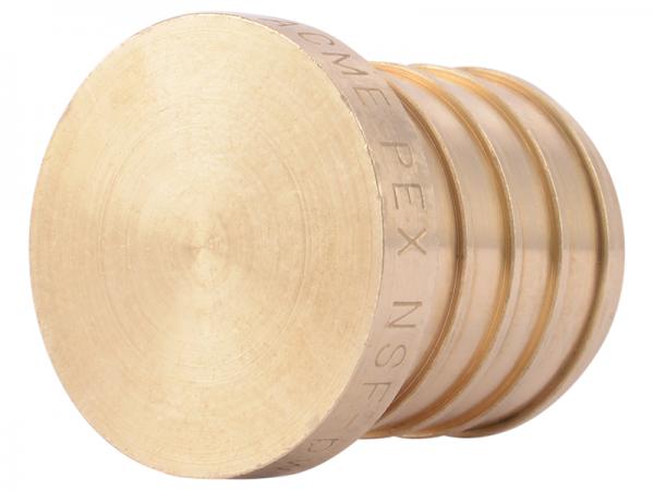 Brass 1" Sharkbite crimp plug with flat circular end and ribbed grip section.
