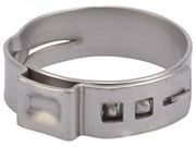Stainless steel clamp ring with locking tabs and slot opening for 1 inch PEX tubing.