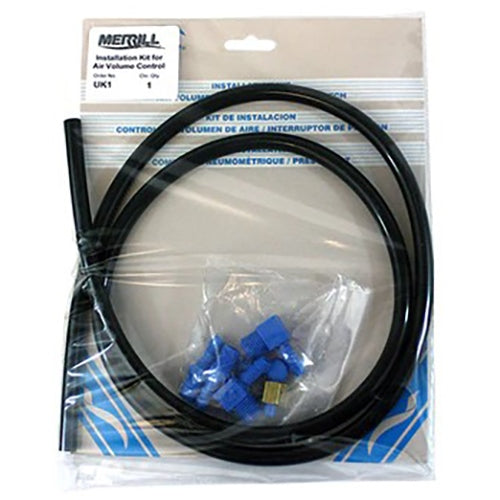 Merrill UK1 installation kit containing black tubing and blue connector components in clear plastic packaging.