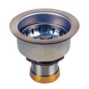 Stainless steel sink strainer with deep cup body, locking mechanism, neoprene stopper, and threaded brass base.