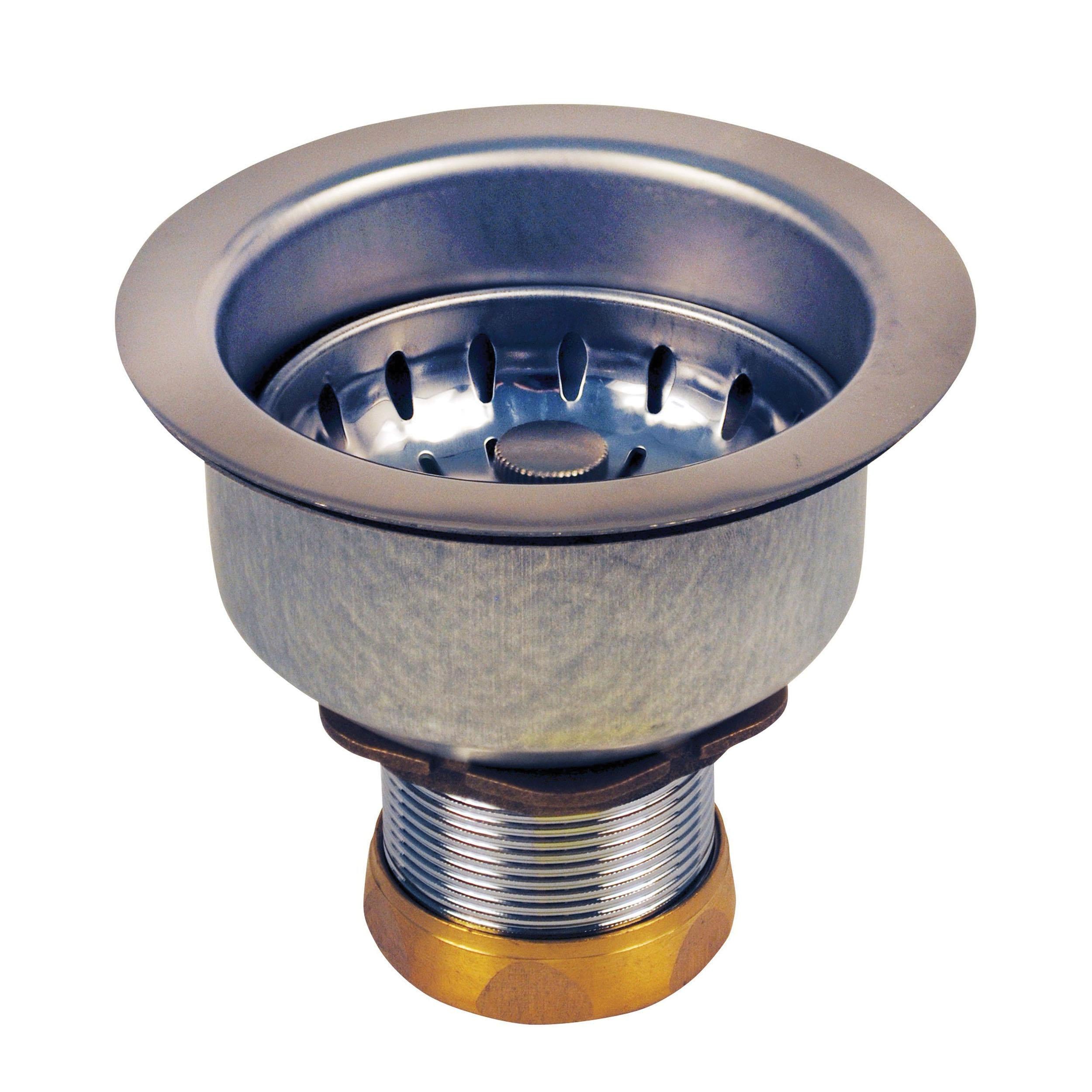 Stainless steel sink strainer with deep cup body, locking mechanism, neoprene stopper, and threaded brass base.