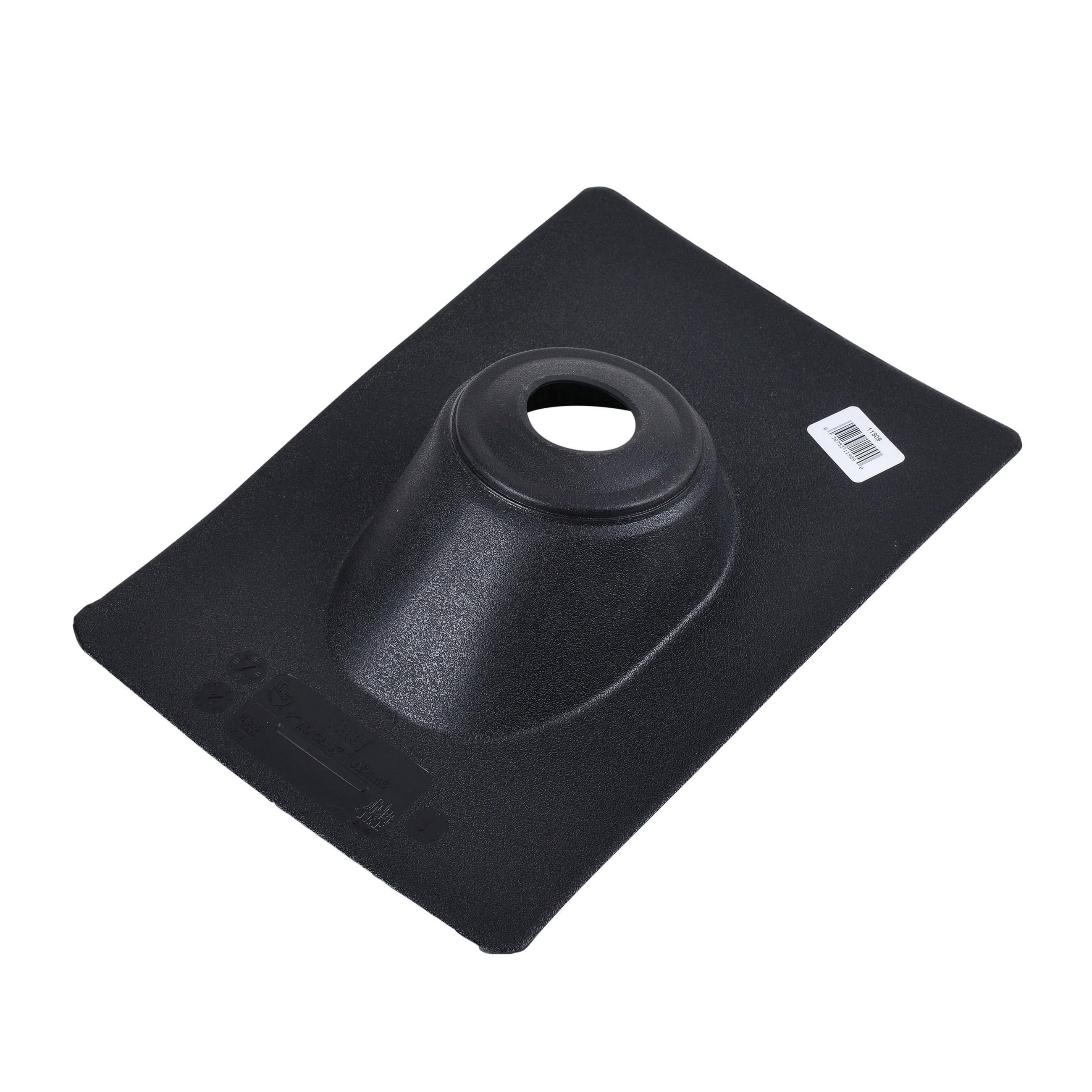 Black thermoplastic roof flashing with angled base and circular opening for pipe penetration.