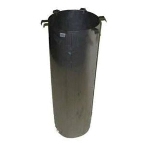 Black cylindrical roof jack with metal mounting brackets at top for vertical roof member installation.