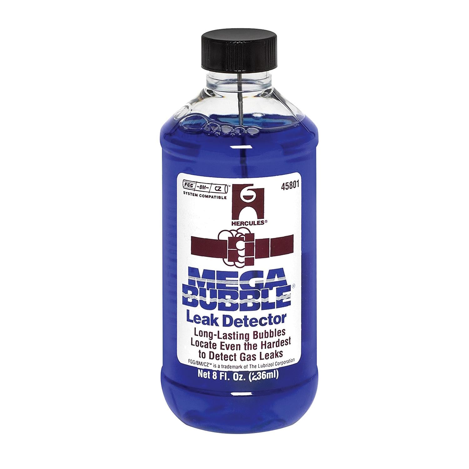 Blue liquid leak detector bottle with black cap and white label featuring Hercules Megabubble branding, 8 fl oz.