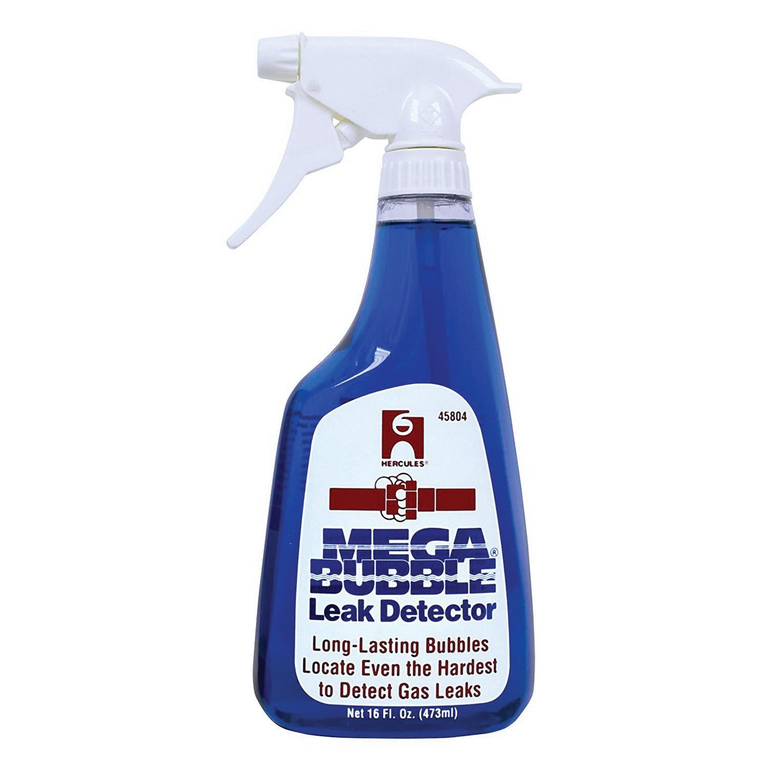 Blue liquid leak detector spray bottle with white trigger pump and label reading "Hercules Megabubble Leak Detector 16 Fl. Oz