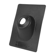 Black plastic roof flashing with 4-inch pipe collar opening and rectangular base mounted at an angle.