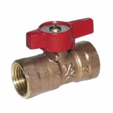 Brass ball valve with red handle and 3/4 inch threaded female connections.