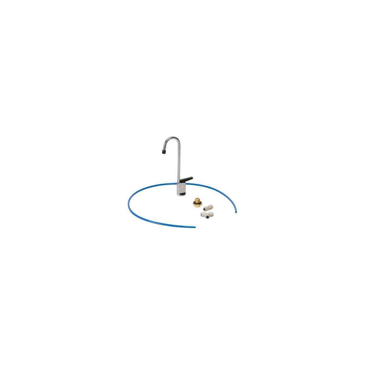 Chrome glass filler kit with gooseneck spout, blue tubing, and brass and metal fittings.