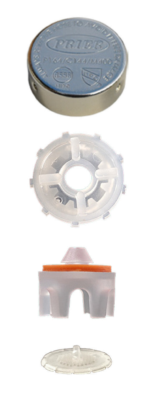 Prier vacuum breaker assembly components including blue cap, clear housing ring, white body with orange seal, and base plate.