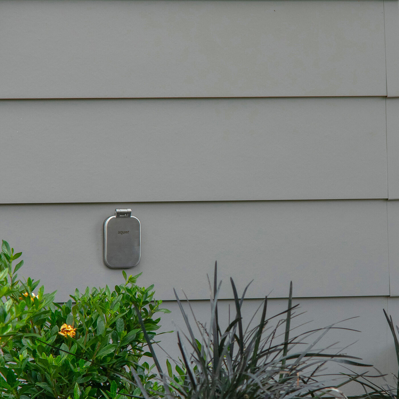 Brushed stainless steel hydrant cover mounted on house exterior wall above landscaping.