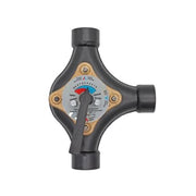 Black 3-way mixing valve with temperature gauge, three brass ports, and outlet connection.
