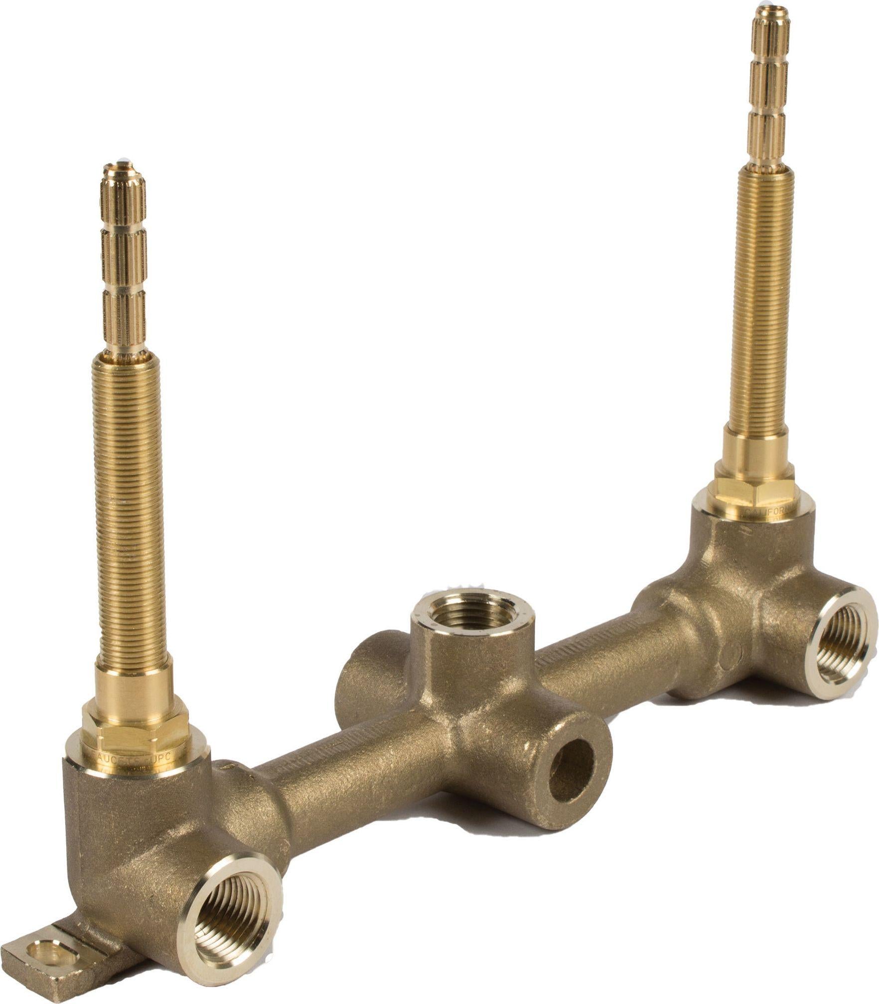 Brass vessel faucet rough-in valve with two threaded stems and mounting ports on horizontal manifold body.