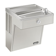 Stainless steel wall-mounted water cooler with refrigerated basin, drinking fountain spout, and louvered side panel.