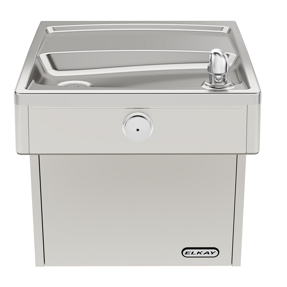 Stainless steel wall-mounted water cooler with integral drinking fountain and single faucet on right side.