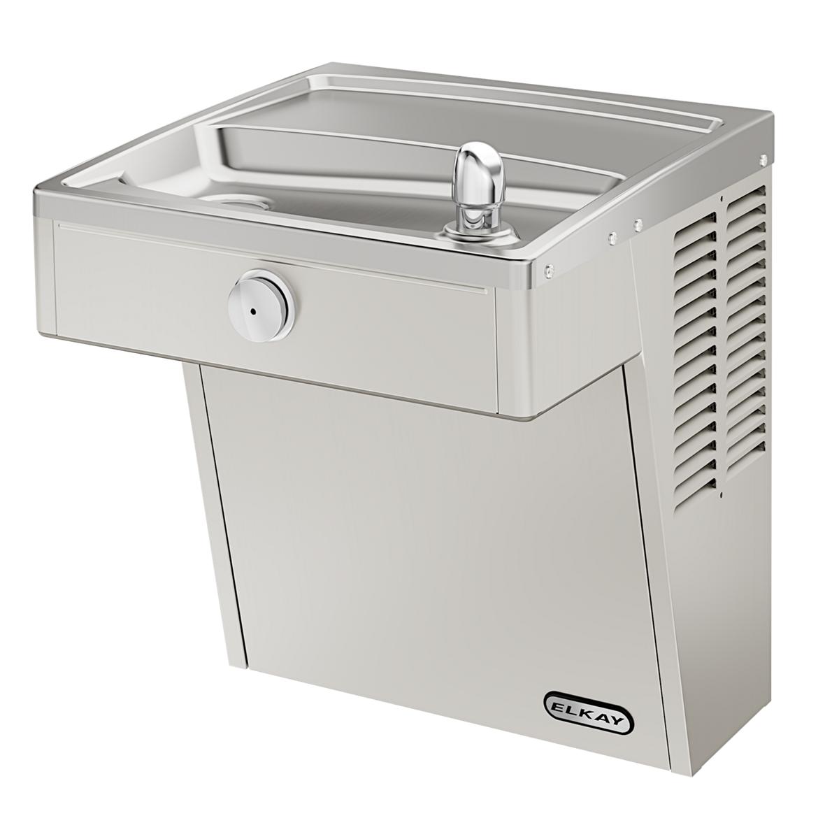 Stainless steel wall-mounted water cooler with rectangular basin, single chrome faucet, and refrigeration unit with louvered 