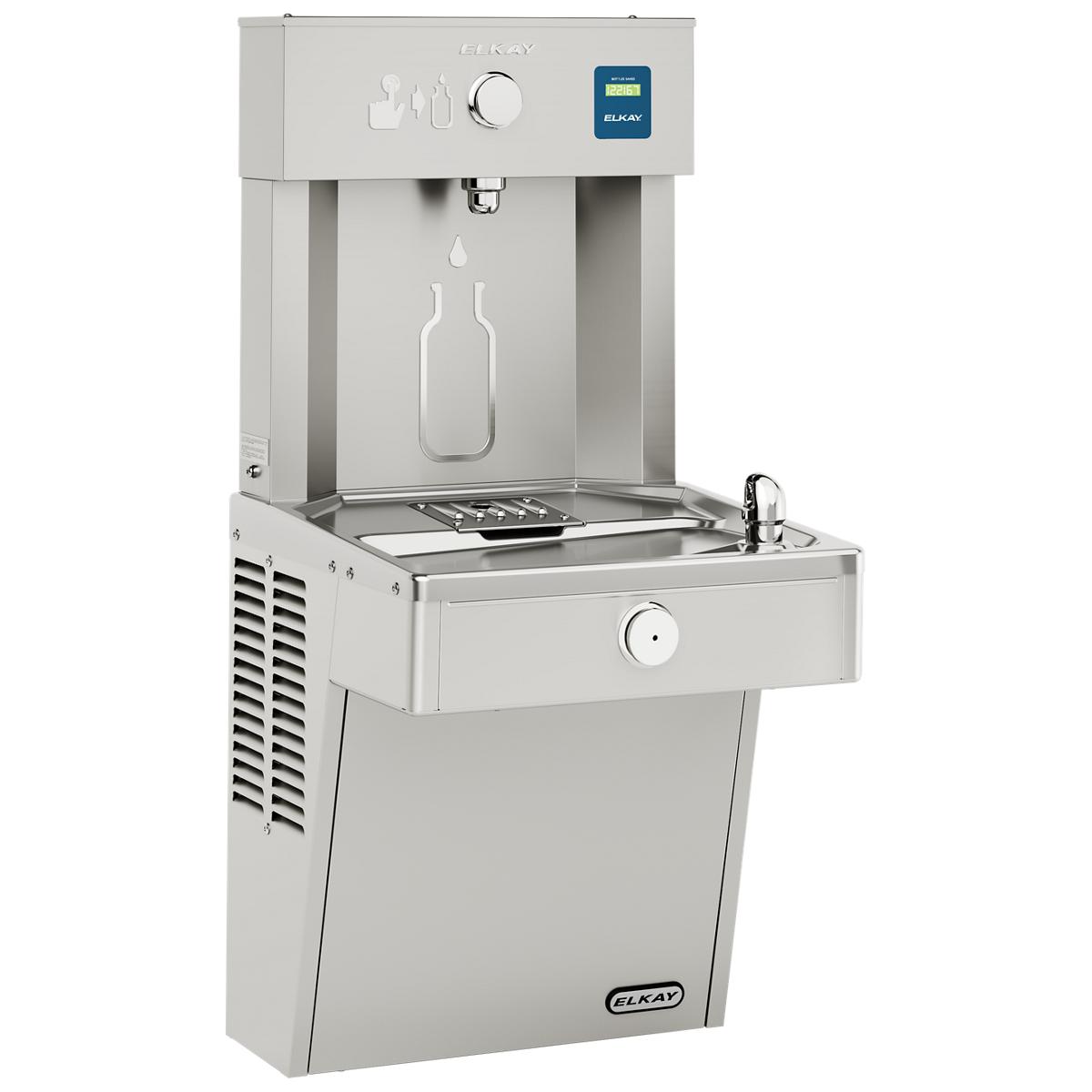 Stainless steel water cooler and bottle filling station with control panel, drip tray, and refrigeration unit.