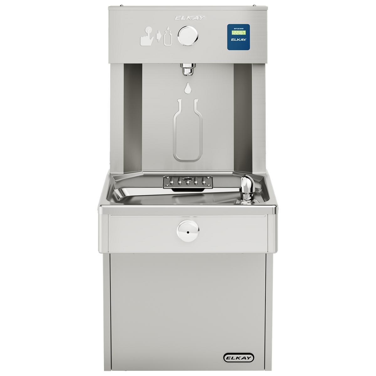 Stainless steel water bottle filling station with refrigerated cooler and control panel at top.