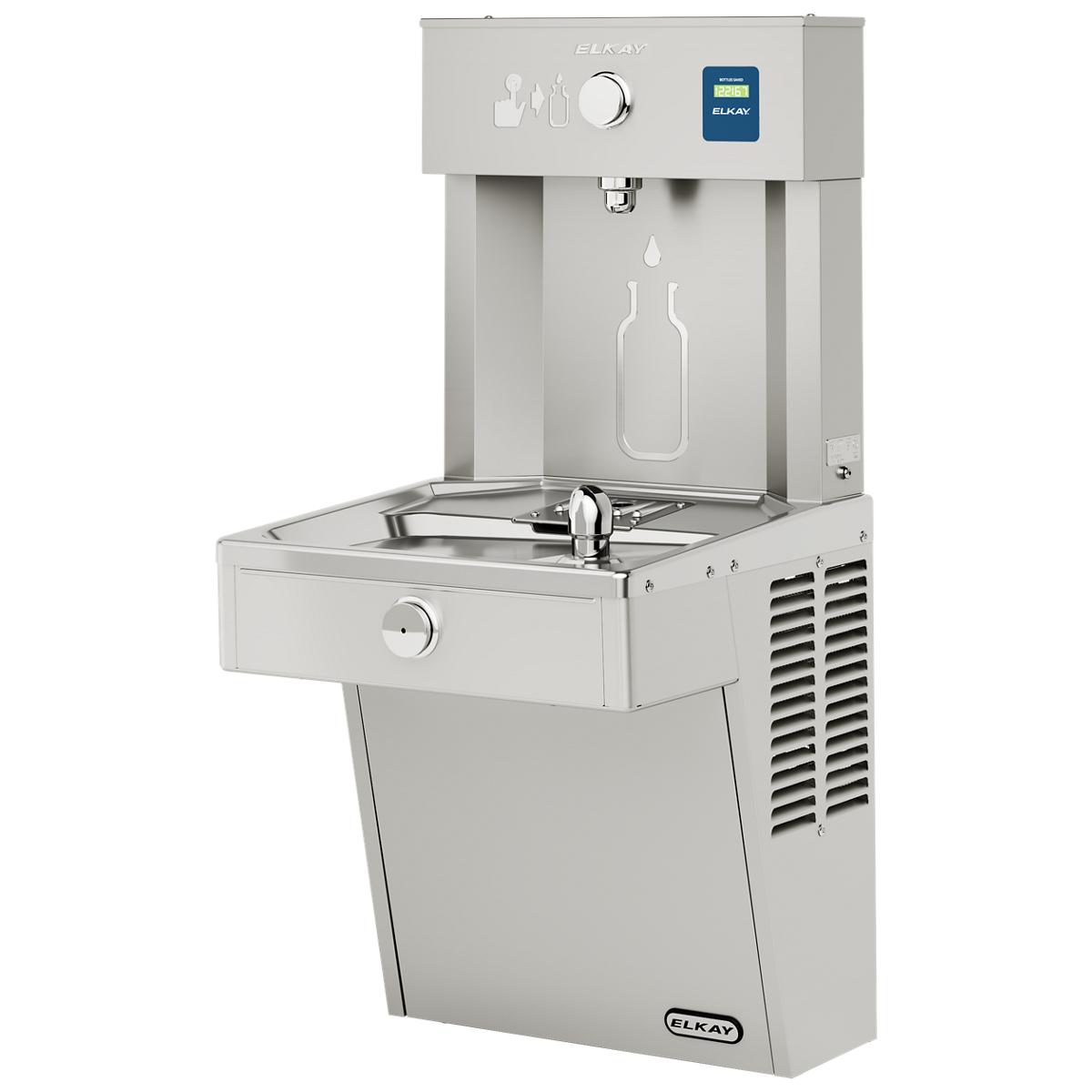 Stainless steel water fountain with bottle filling station at top, drinking fountain basin below, and refrigeration unit with