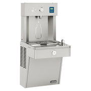 Stainless steel water filling station with upper bottle filler station and lower single cooler unit with front-mounted faucet