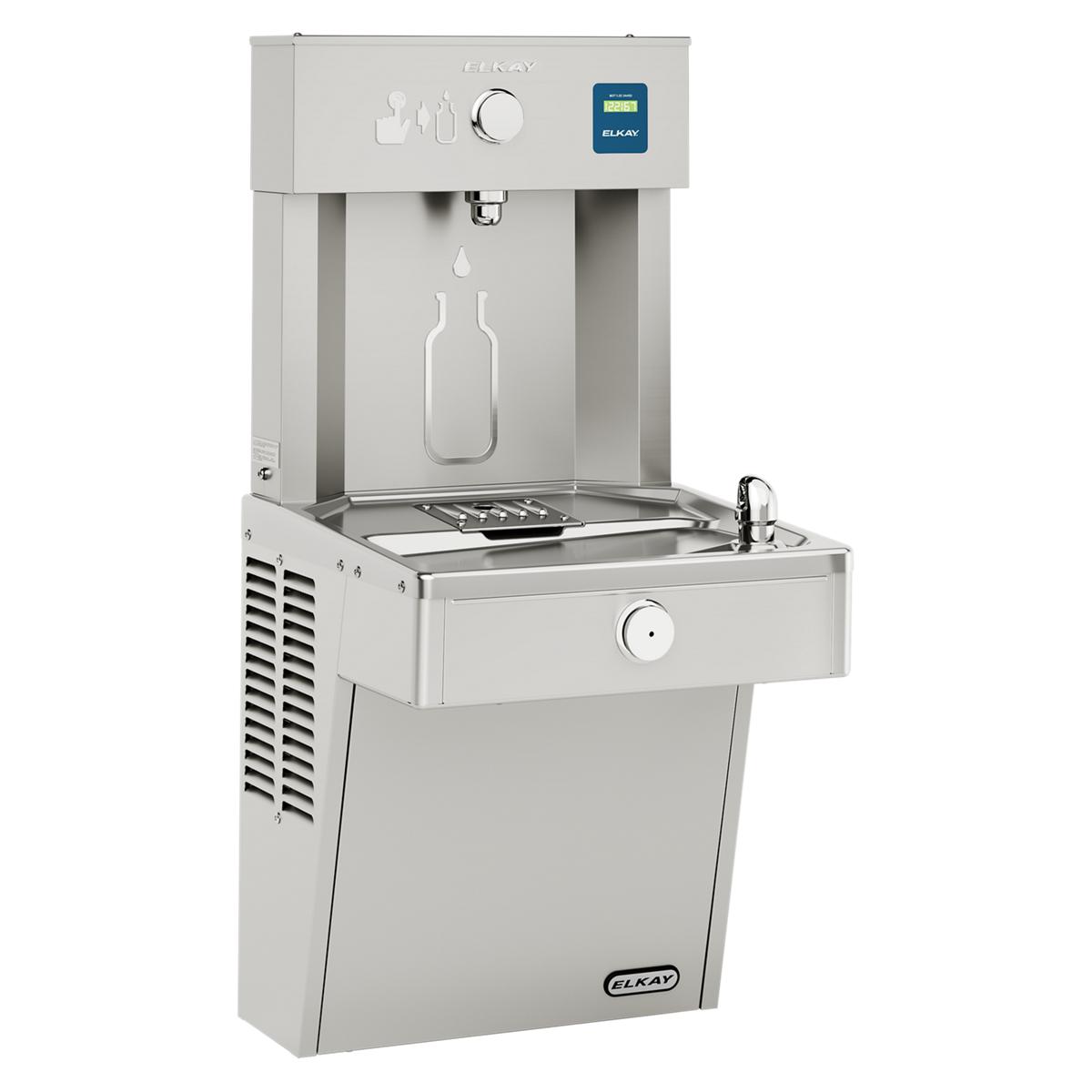 Stainless steel water filling station with upper bottle filler station and lower single cooler unit with front-mounted faucet