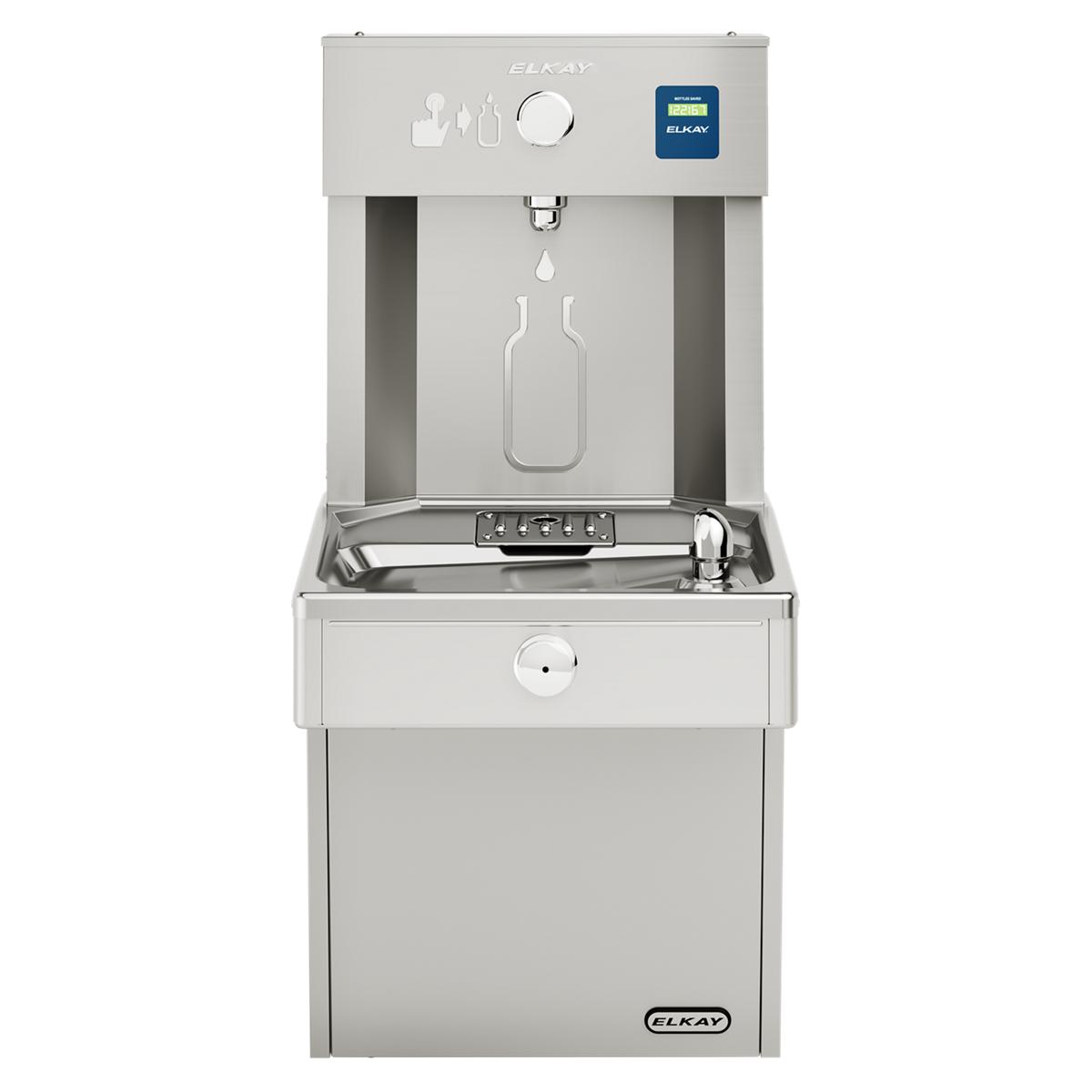 Stainless steel water filling station with bottle filler spout, control dial, and basin basin for refilling bottles.