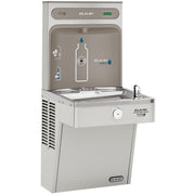 Stainless steel Elkay ezH2O water cooler with bottle filling station, refrigerated basin, and drinking fountain spout.