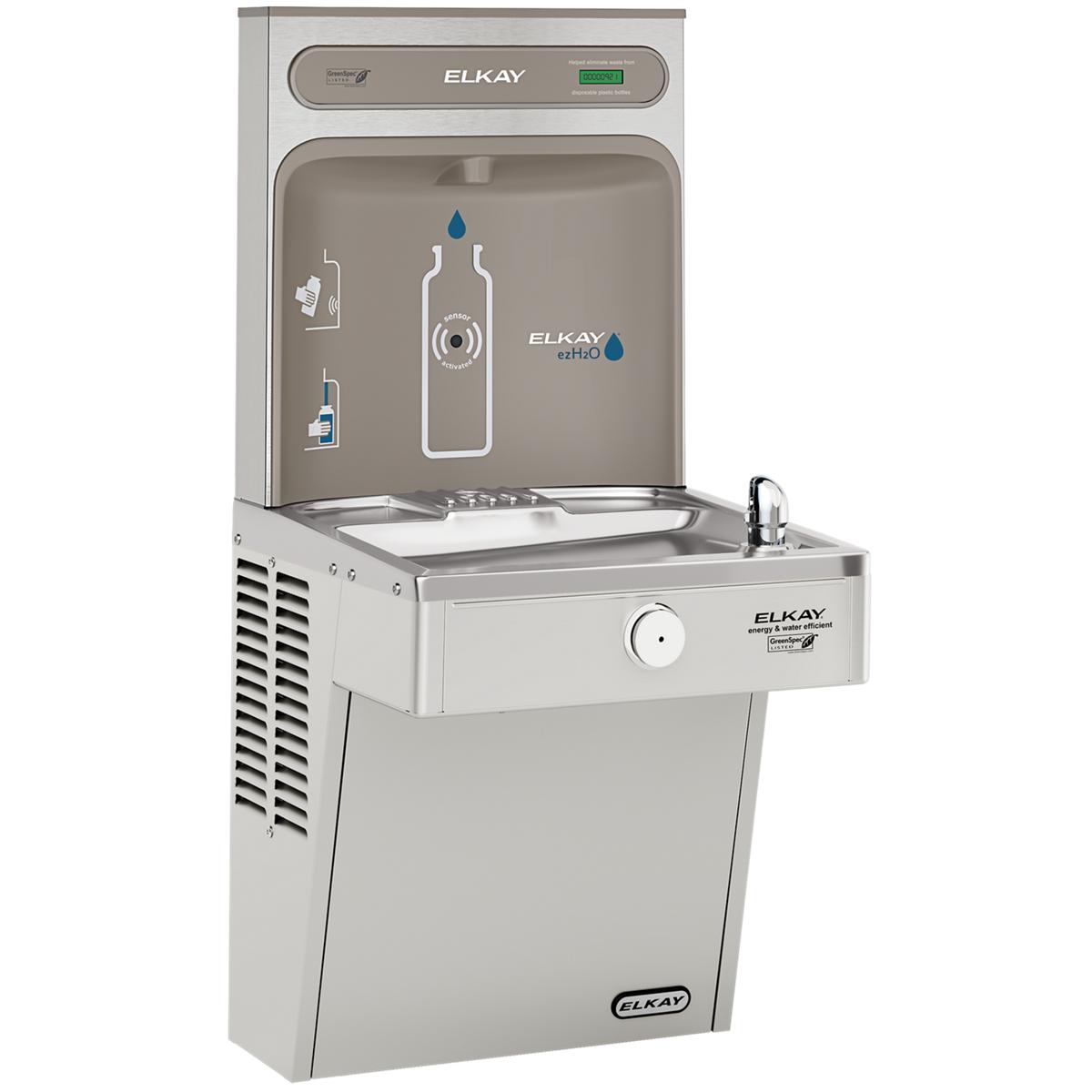 Stainless steel Elkay ezH2O water cooler with bottle filling station, refrigerated basin, and drinking fountain spout.
