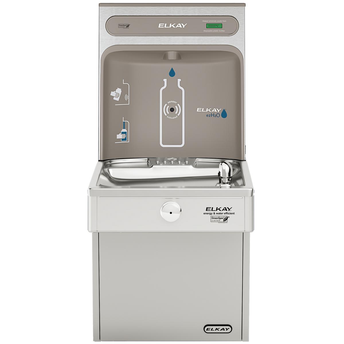 Elkay stainless steel water cooler with bottle filling station and refrigerated basin, control panel above with digital displ