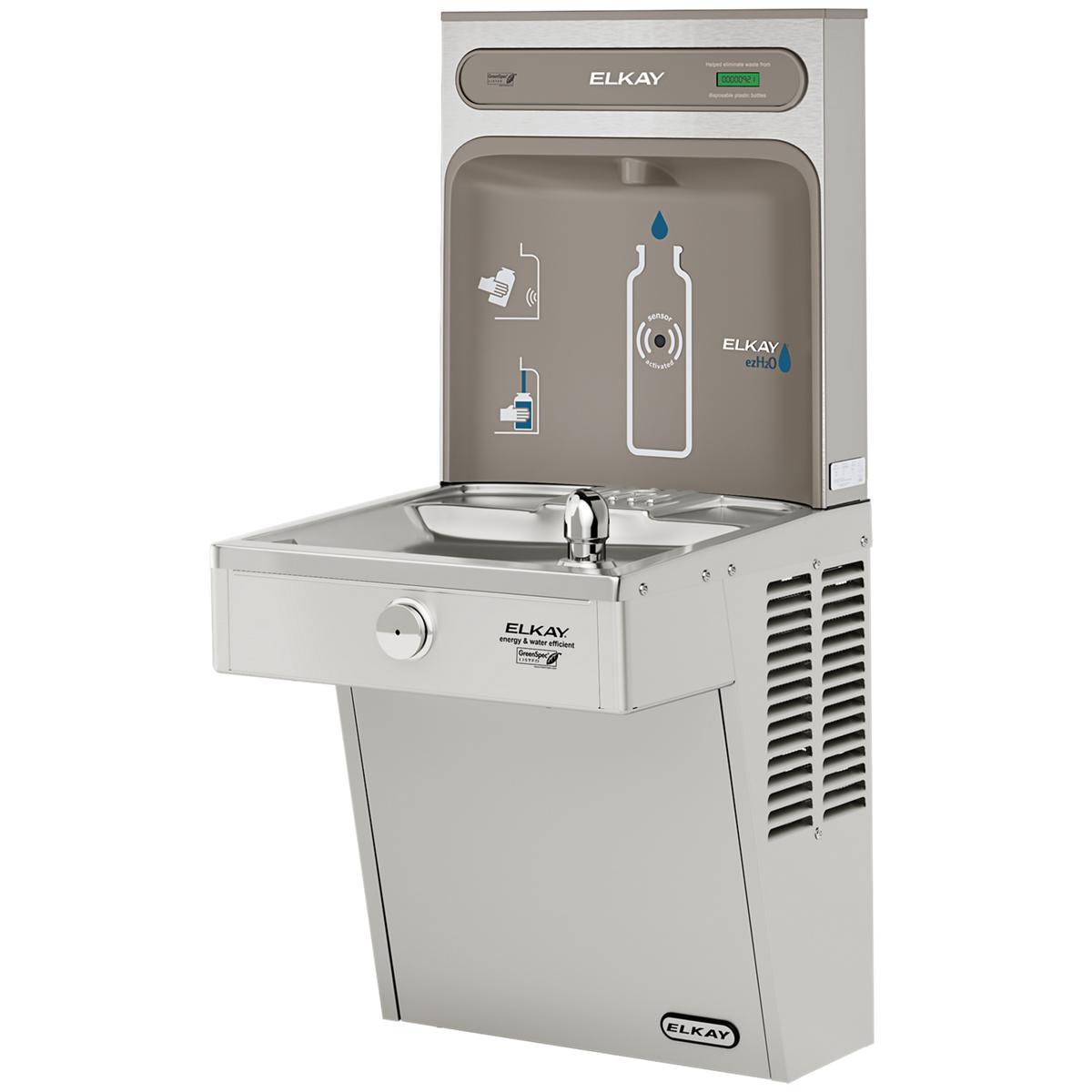 Stainless steel water cooler with bottle filling station, drinking fountain, and refrigeration unit.
