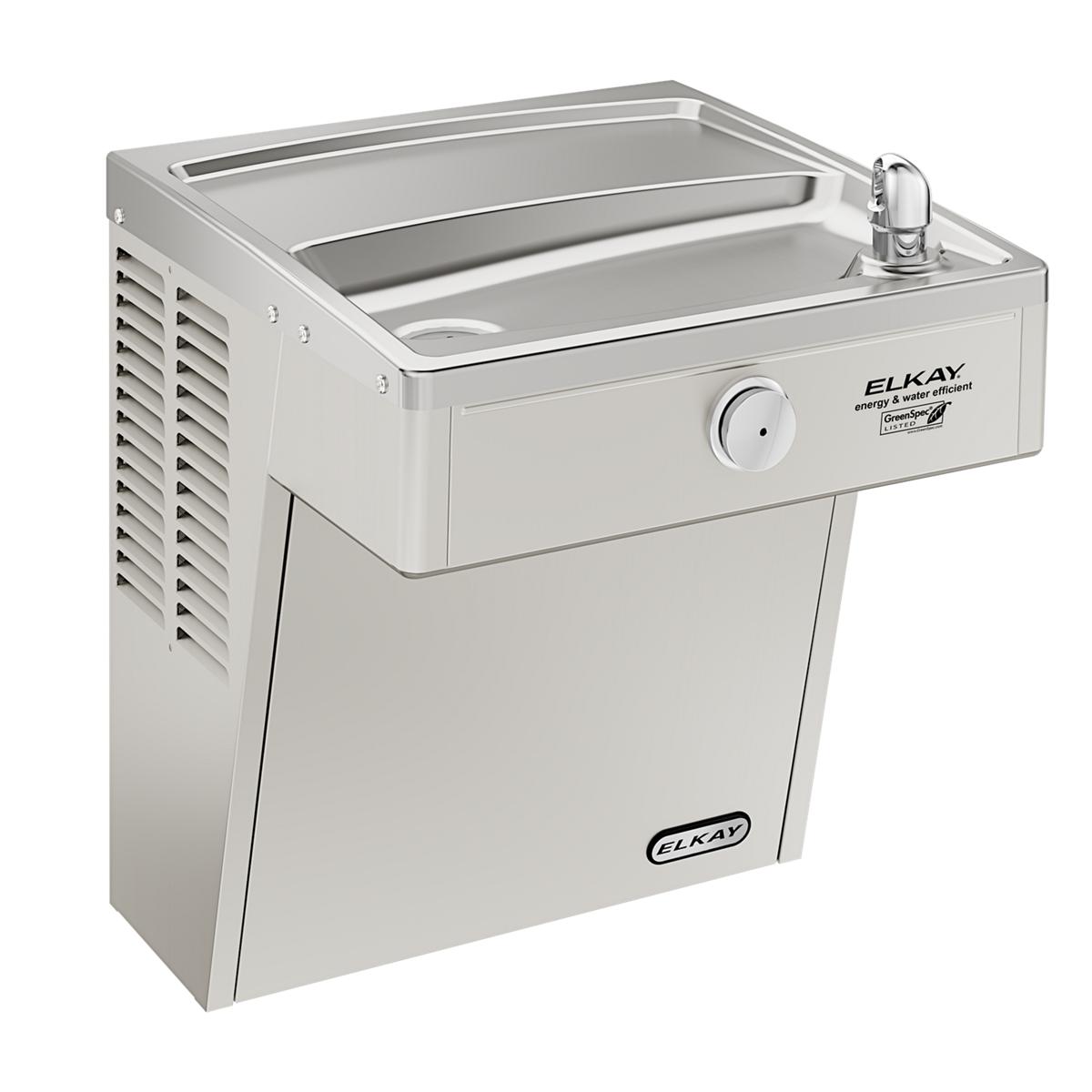 Stainless steel wall-mounted water cooler with dual drinking fountains, chrome faucet, and louvered cooling unit on left side