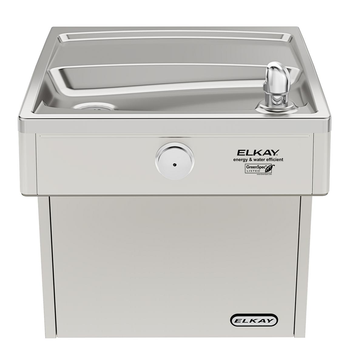 Elkay stainless steel wall-mounted water cooler with drinking fountain basin and single push-button valve.