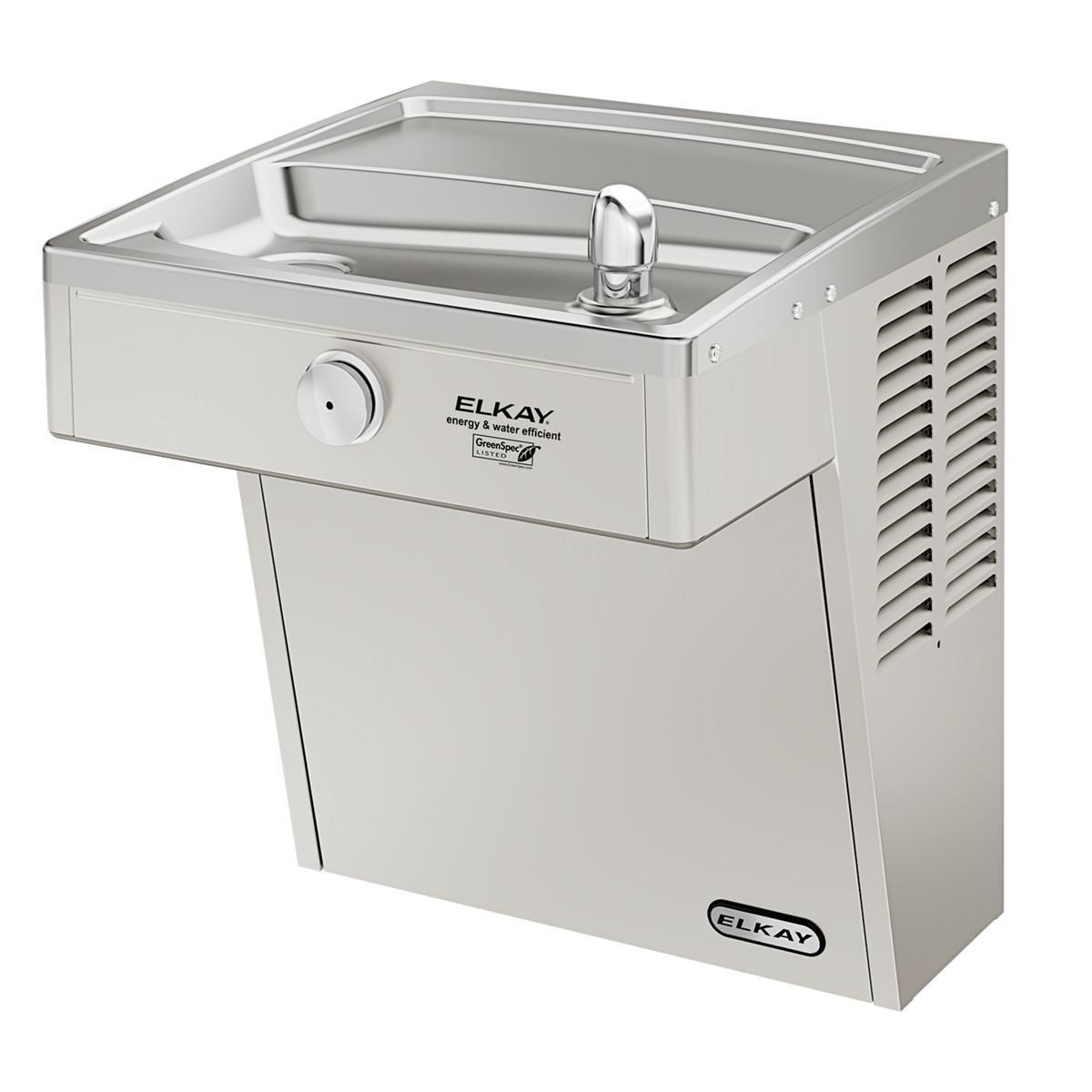 Stainless steel wall-mount water cooler with rectangular basin, chrome faucet, and cooling vents on side.