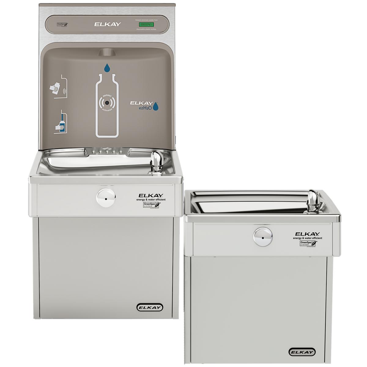 Elkay stainless steel bi-level water cooler with bottle filling station and refrigerated drinking fountain on lower level.