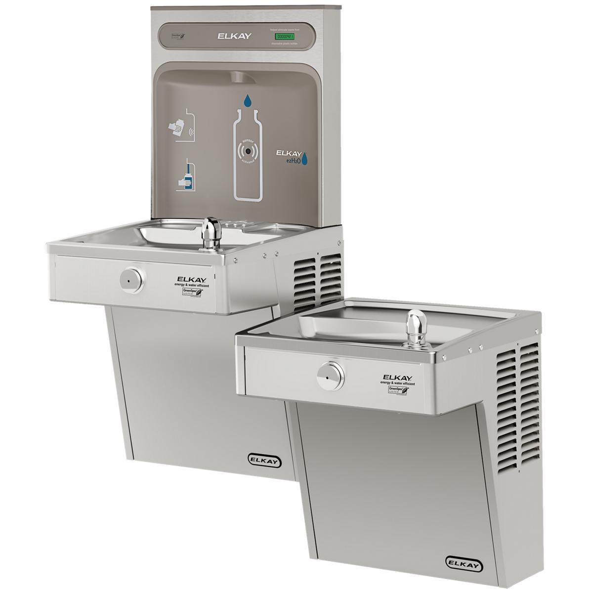 Elkay stainless steel bi-level water cooler with upper bottle filling station and lower drinking fountain with dual faucets.