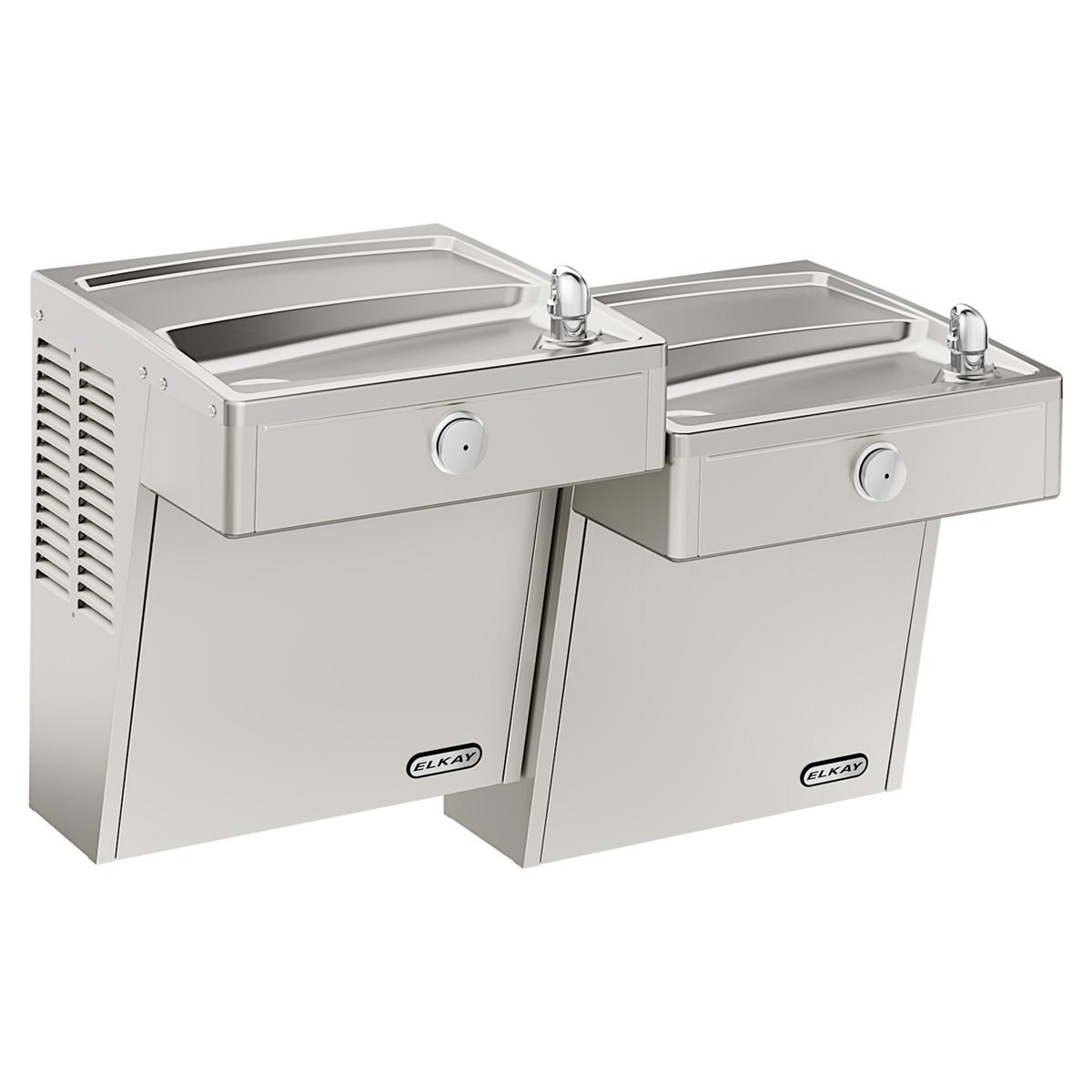 Stainless steel wall-mounted water cooler with two drinking basins at different heights and chrome drinking fountains.